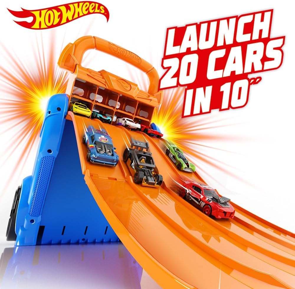 Hot Wheels car case launcher displaying storage for 20 cars, featuring a 2-in-1 design for kids ages 3 and up.