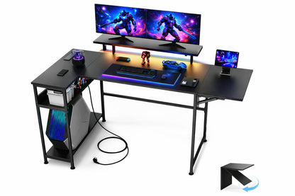 LEVSON L-Shaped Gaming Desk 150×80 cm, Carbon Fibre Computer Table with LED Lights, Power Outlets & USB Ports, Foldable & Extendable Design from 120cm to 150cm, Black Corner Desk for Home Office