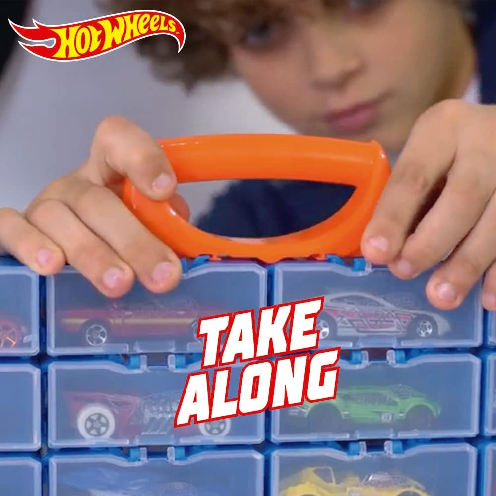 Hot Wheels Multibrick car case I Stores up to 28 cars I Connects with tracks I Play and Build, Multi-Coloured (HWCC8C) - Includes a carry handle