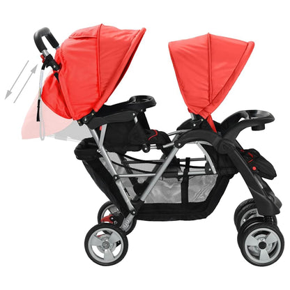 vidaXL Red and Black Steel Tandem Stroller - Dual-Seat, Sun-Protecting Canopies, Convenient Storage, Easily Manoeuvrable