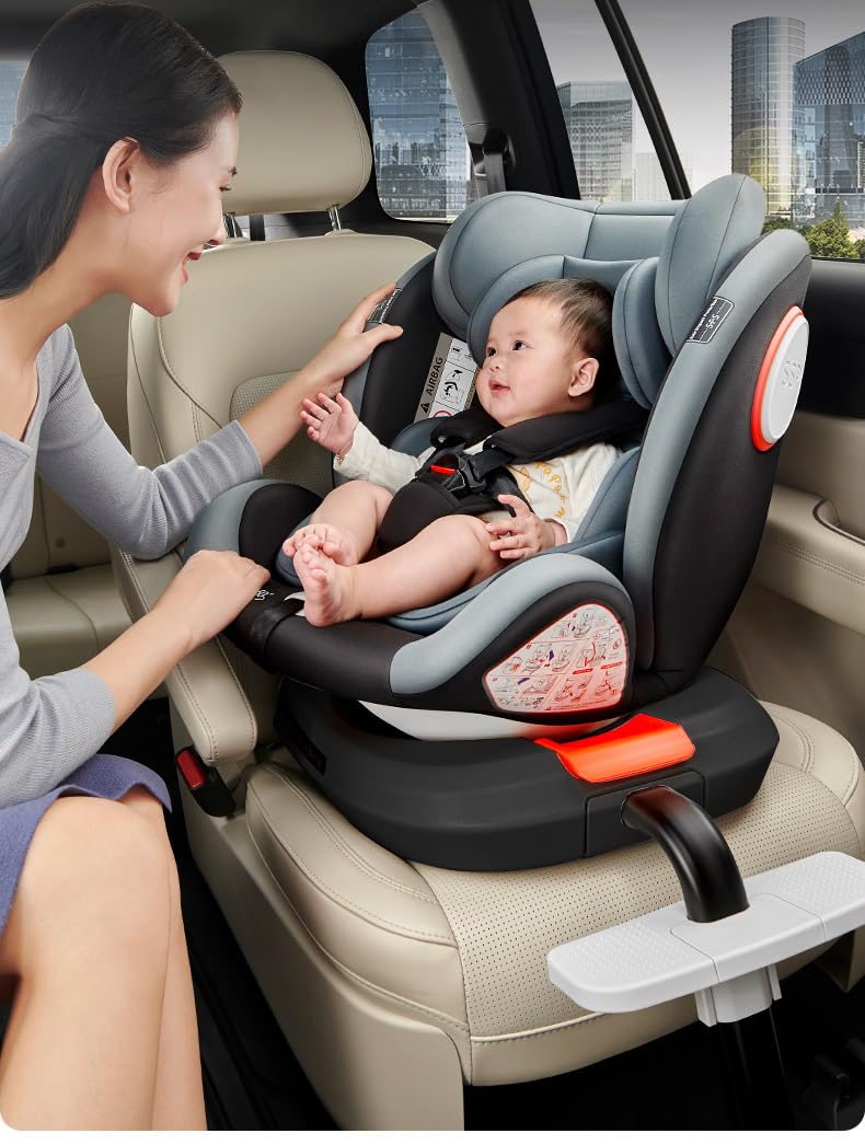 Aveainelle Plus 360 rotating infant and toddler car seat with base, footrest, and canopy in gray, shown in a side view.