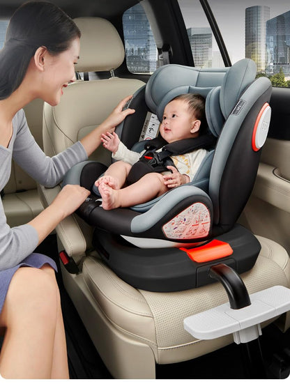 Aveainelle Plus 360 rotating infant and toddler car seat with base, footrest, and canopy in gray, shown in a side view.