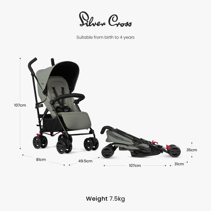 Silver Cross - Pop 2 Pushchair - Foldable Travel Stroller - Buggy - Adjustable/Lie Flat Seat - Newborn to 4 Years - Sage