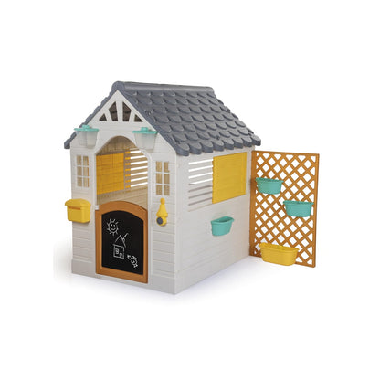 Dolu garden playhouse for kids with white and grey design, featuring a sturdy fence and outdoor play area, 127 x 140 x 107.5 cm