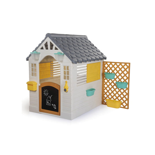 Dolu garden playhouse for kids with white and grey design, featuring a sturdy fence and outdoor play area, 127 x 140 x 107.5 cm