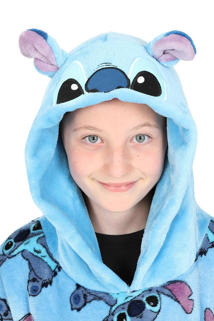 Disney Lilo and Stitch girls blue oversized fleece hoodie blanket, featuring character print and cozy, soft fabric for warmth.