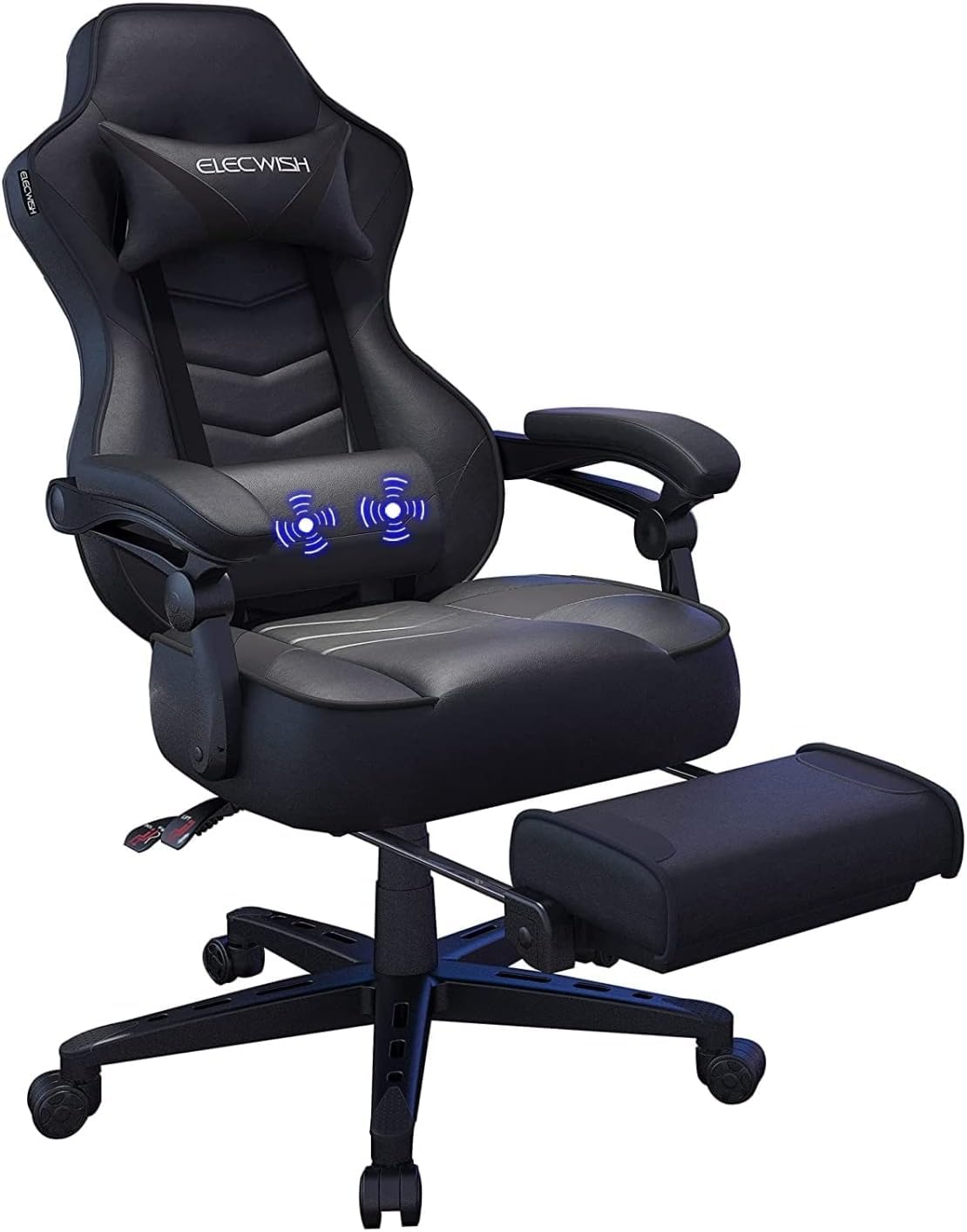 Fullwatt racing gaming chair for adults in black with footrest, massage lumbar pillow, swivel height adjustment, recline, PU leather.