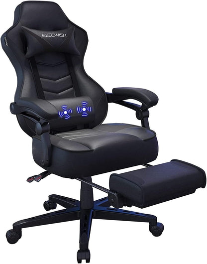 Fullwatt racing gaming chair for adults in black with footrest, massage lumbar pillow, swivel height adjustment, recline, PU leather.