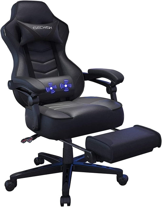 Fullwatt racing gaming chair for adults in black with footrest, massage lumbar pillow, swivel height adjustment, recline, PU leather.
