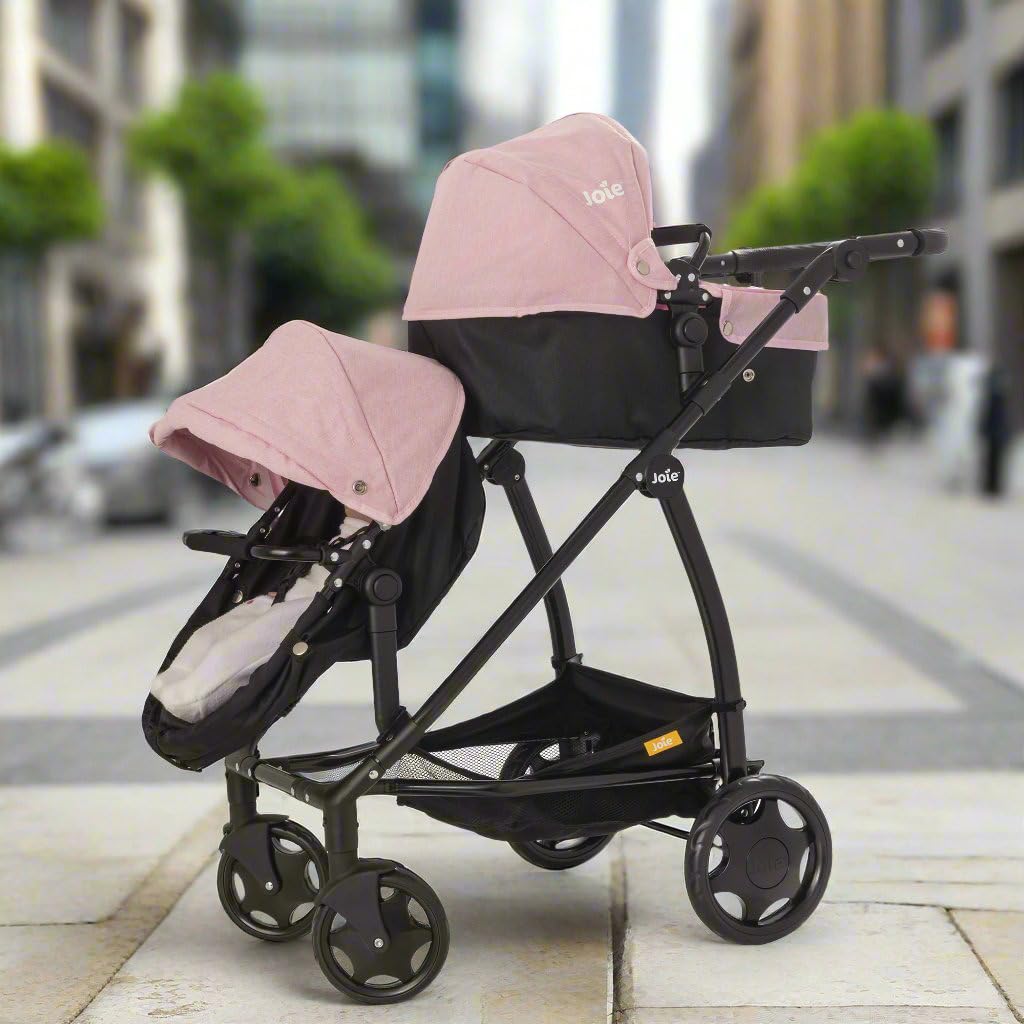 Joie Junior Evalite Twin Pushchair | Pink & Black Double Pushchair | Double Dolls Pram with Adjustable Height Handle And Multiple Seat Options | Suitable For Ages 3+