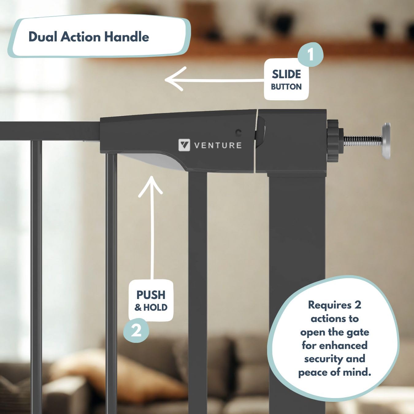 Venture Q-Fix 110cm extra tall baby gate in black, pressure-fit with auto-close and two-way opening for stairs and doorways.