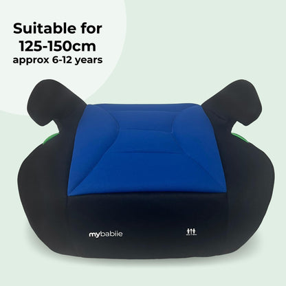 My Babiie Booster Lite R129 Car Seat - Lightweight at 1kg, Approx. 6-12 Years (125-150cm, 22-36kg), i-Size Backless Child Car Seat, Group 3, Compact, Portable, Ideal for Travel - Black & Blue