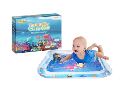 BabaBub inflatable water tummy time mat for infants and toddlers, sensory playmat with colorful toys for development and stimulation.