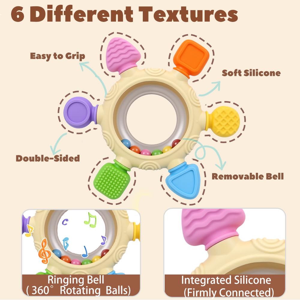 SENBSLAN silicone baby teething toys and rattle for infants, BPA-free, designed for sensory stimulation for 0-12 months.