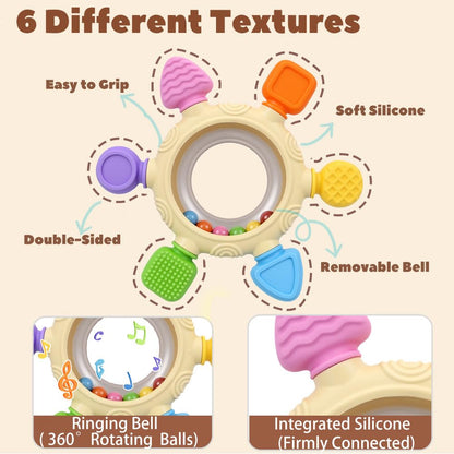 SENBSLAN silicone baby teething toys and rattle for infants, BPA-free, designed for sensory stimulation for 0-12 months.