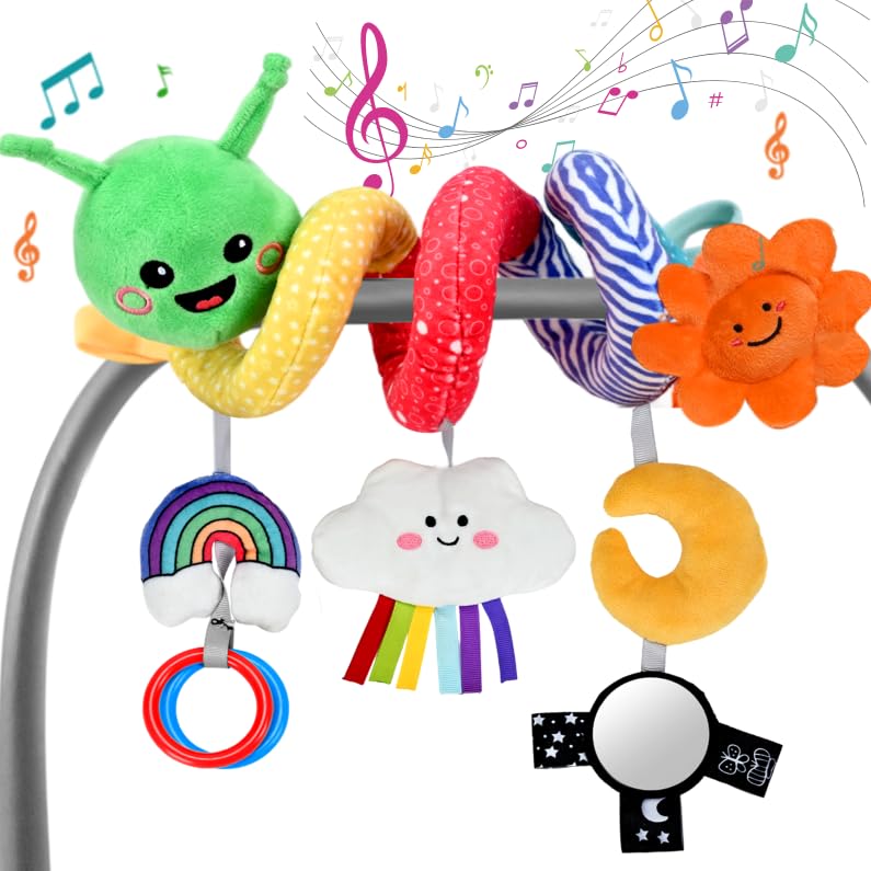 Plush Baby Crib Hanging Toy-Touch-Activated Music Box (30 Sounds), 0-12 Months Infant Sensory Toy w/Cloud/Sun/Rainbow/Moon/Mirror, Washable, Gift for Cribs/Strollers/Car Seats