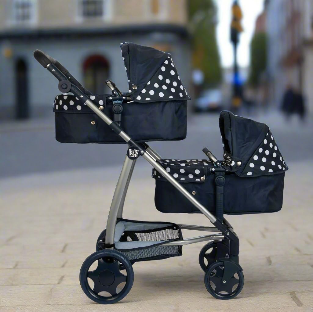 Dolly Tots Twin Pushchair | Navy Polka Dot Double Pushchair | Double Dolls Pram with Adjustable Height Handle And Multiple Seat Options | Foldable Childrens Dolls Pram | Suitable For Ages 3+