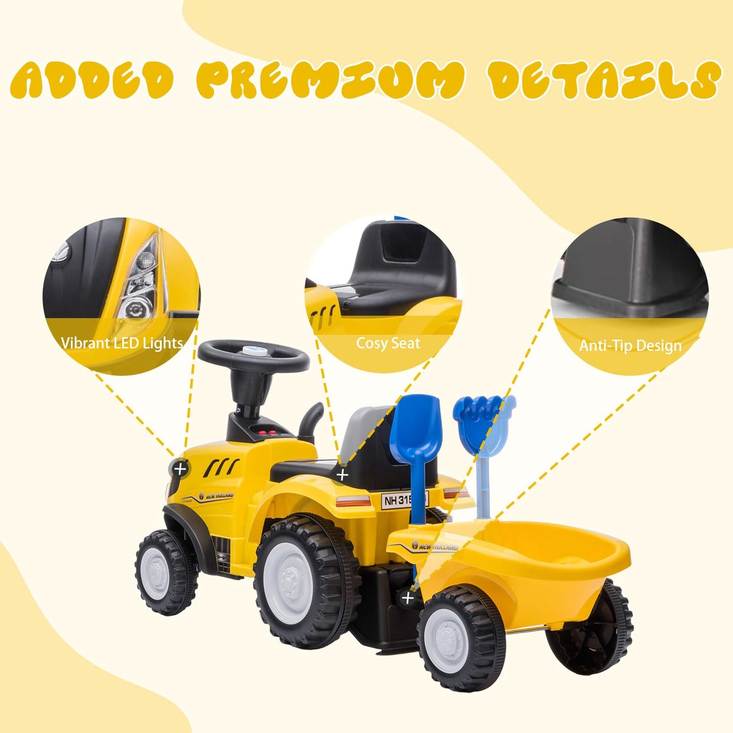 NINODOVAE Ride On Tractor, NEW HOLLAND Licensed car toy, Toddler Sliding Walker with Steering Wheel, horn music&lights for 12-36 months (Yellow)