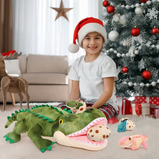 MorisMos Big Alligator Teddy Stuffed Animals, 60cm Green Mommy Fluffy Crocodile with Baby Inside, Giant Cuddly Plush Toys for Boy Large Soft Alligator for Kids Birthday Valentines Deco