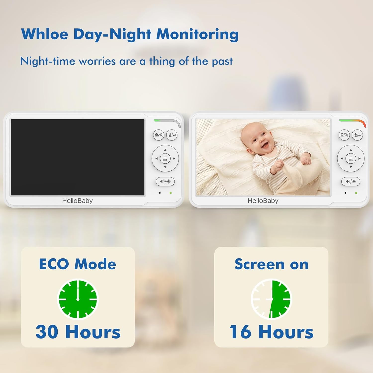 HelloBaby baby monitor with 6-inch split screen, camera with night vision, remote pan/tilt/zoom, portable display for travel.