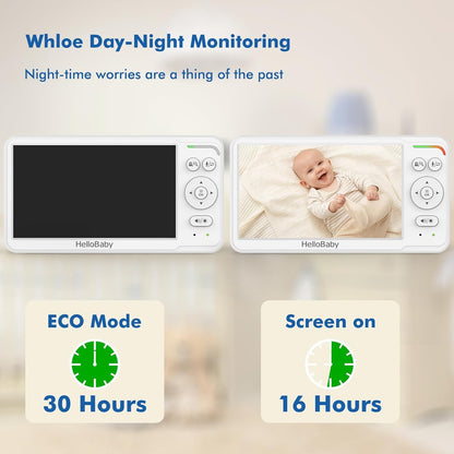 HelloBaby baby monitor with 6-inch split screen, camera with night vision, remote pan/tilt/zoom, portable display for travel.
