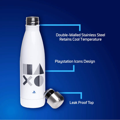 Paladone stainless steel 500ml water bottle with PlayStation 5 logo, featuring a sleek metallic finish and ergonomic design.