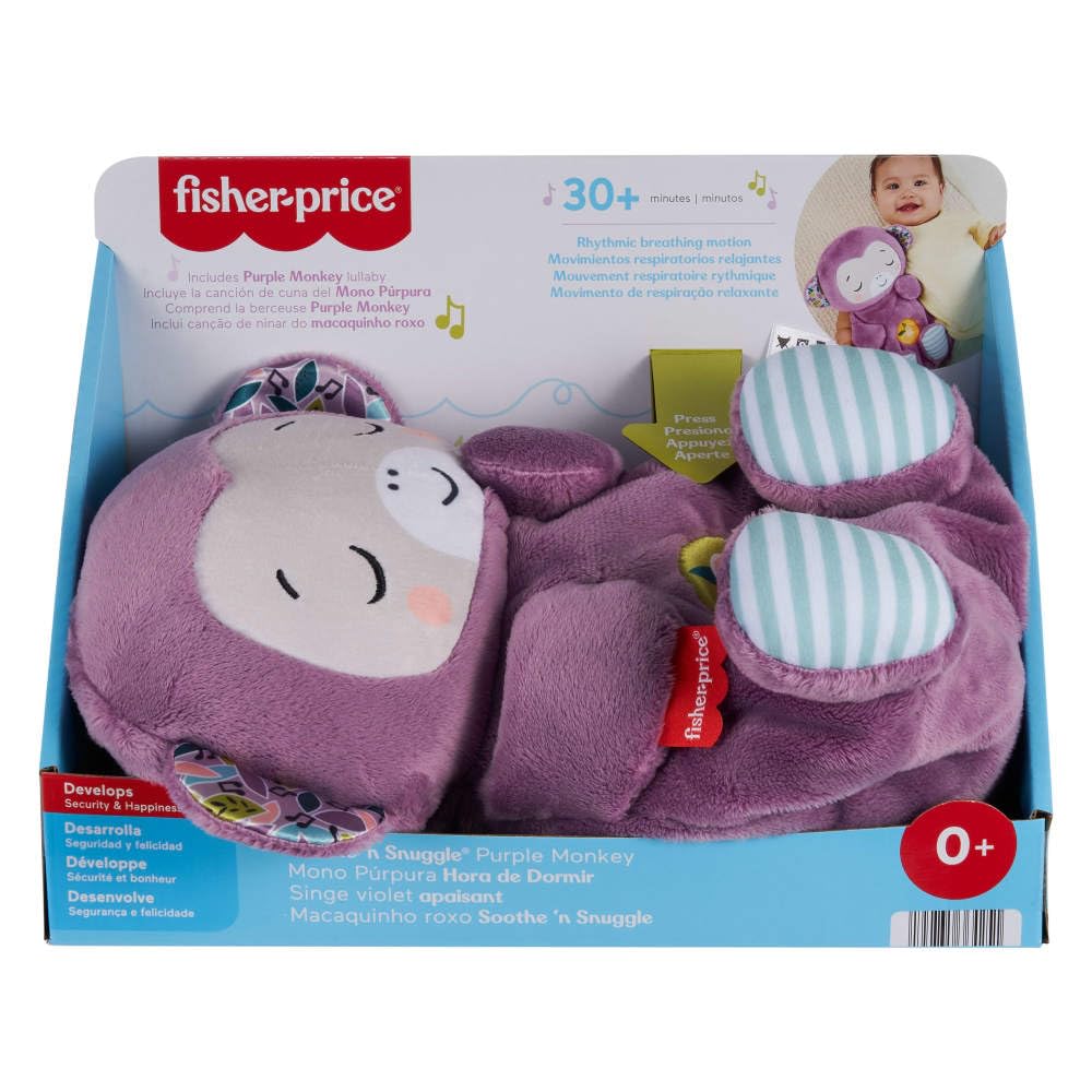 Fisher-Price Baby Soothe ‘n Snuggle Purple Monkey plush toy with built-in sound machine, breathing motion, and lights for newborns.