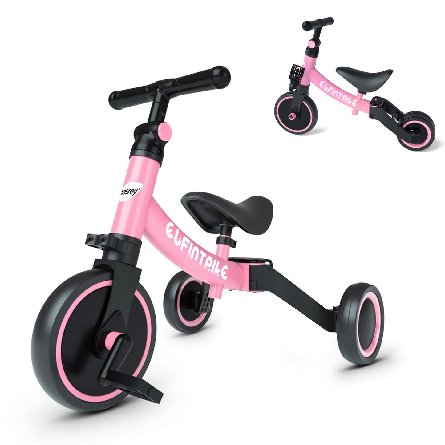 besrey 5 in 1 Toddler Bike for 10 Month to 4 Years Old Kids, Toddler Tricycle Kids Trikes Tricycle, Gift & Toys for Boy & Girl, Balance Training, Removable Pedals - Pink