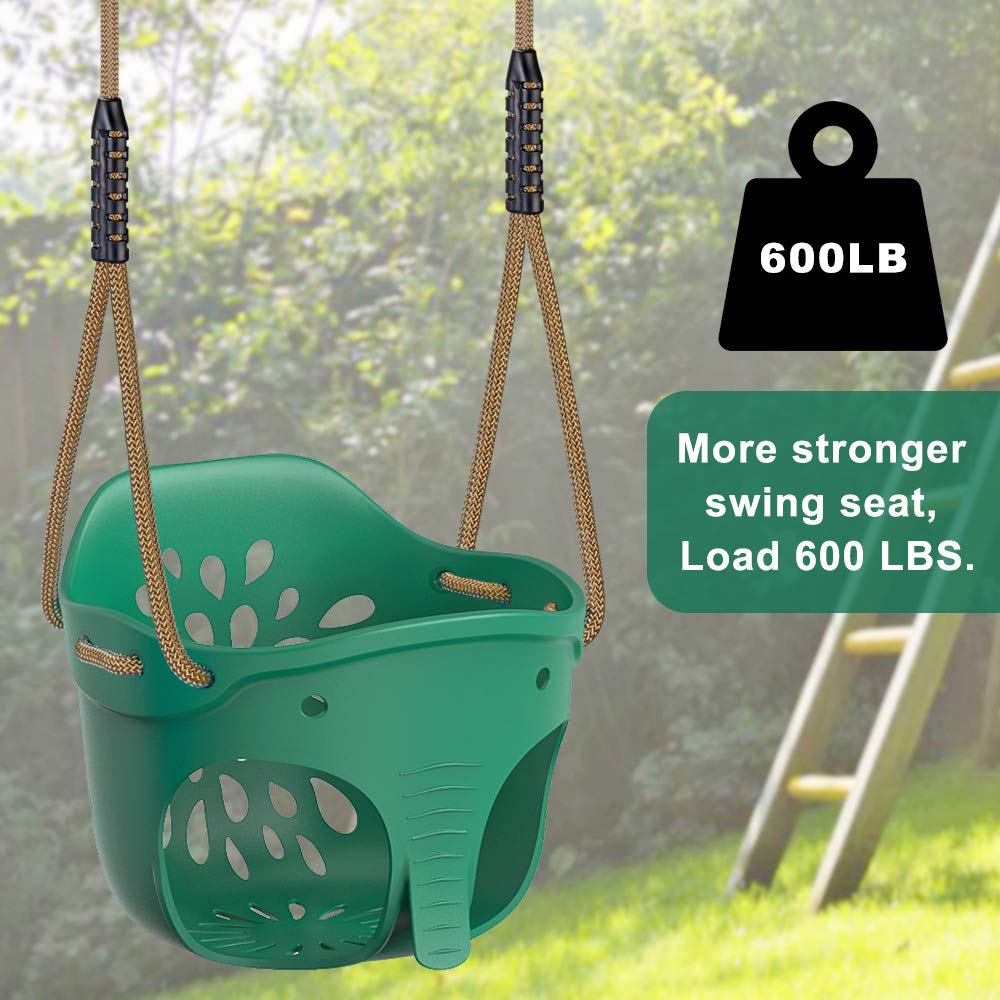 BeneLabel green elephant kids swing seat with high back, adjustable rope for toddlers, suitable for indoor and outdoor use.