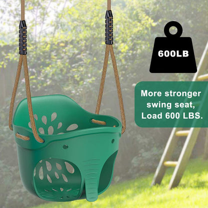 BeneLabel green elephant kids swing seat with high back, adjustable rope for toddlers, suitable for indoor and outdoor use.