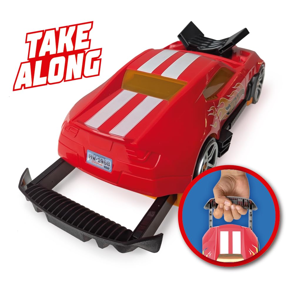 Hot Wheels 2-in-1 Race N' Haul car storage case with retractable handle, holding up to 15 toy cars, in vibrant design.