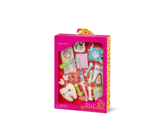 Our Generation 19-piece canine care dentist set with dental accessories and chew toys for 18-inch dolls.