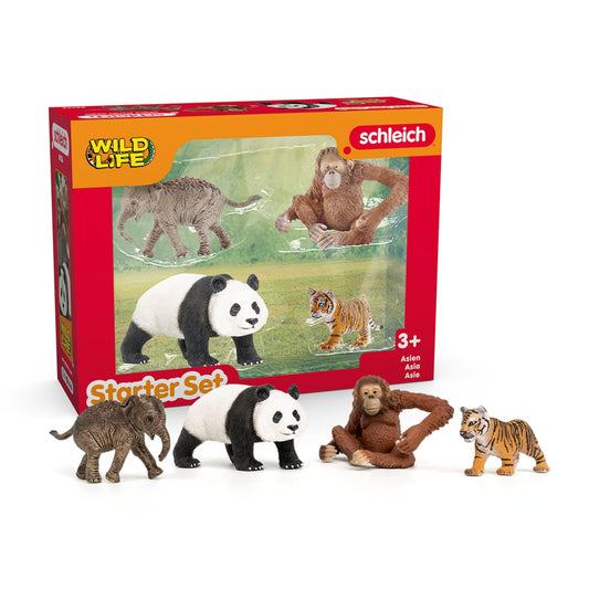 SCHLEICH Wild Life Asia Starter Set - 4-Piece Miniature Wildlife Animal Set - Featuring Elephant Calf, Giant Panda, Orangutan, and Tiger Cub - Kids Ages 3+ | 42736