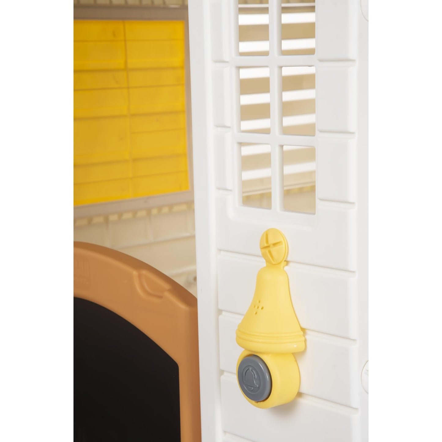 Dolu garden playhouse for kids with white and grey exterior, fenced outdoor playhouse measuring 127x140x107.5 cm, sturdy and fun.