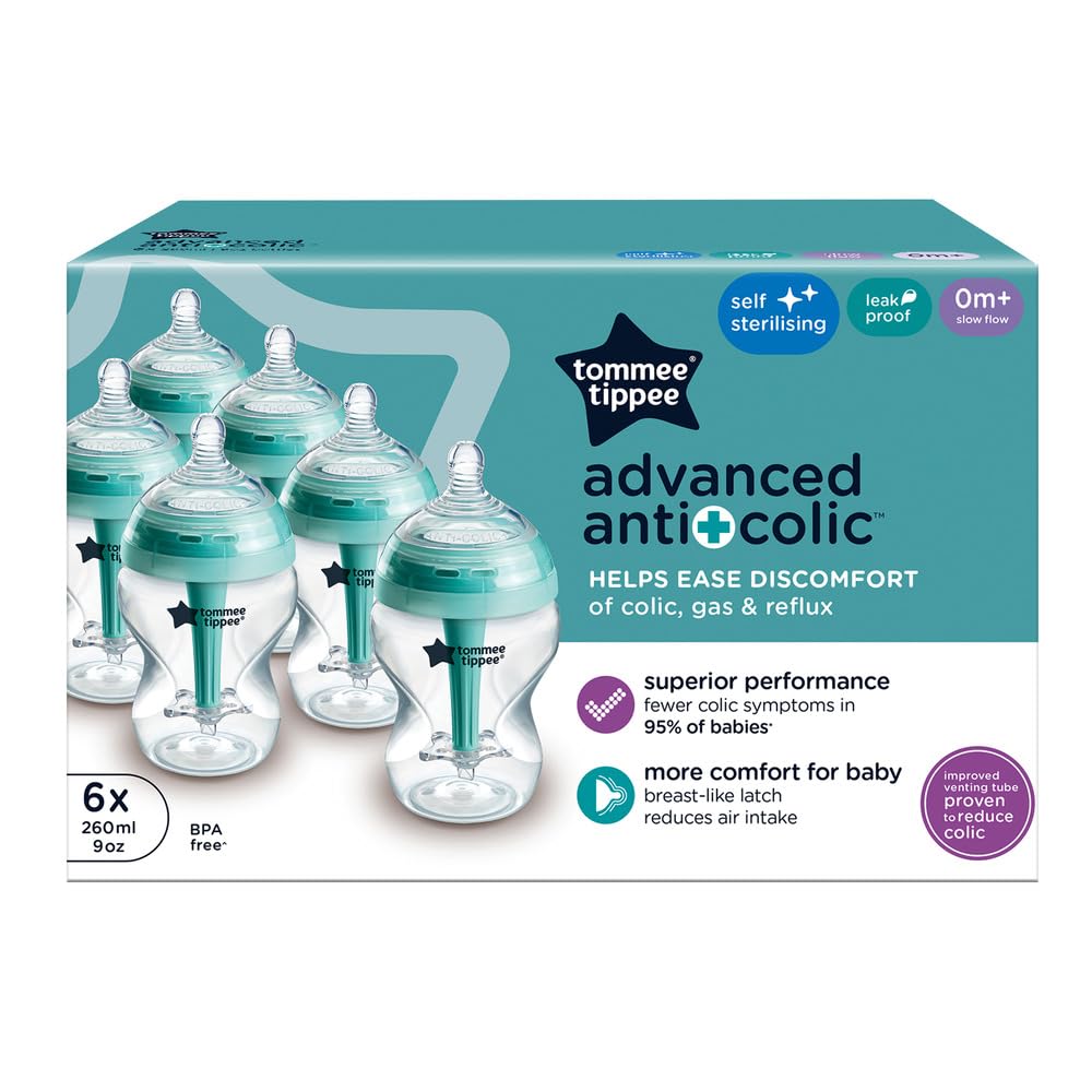 Tommee Tippee Advanced Anti-Colic Baby Bottles for 0m+, Pack of 6 260ml Baby Bottles, with Slow Flow Breast-Like Teat for a Natural Latch, Self-Sterilising and BPA Free, Baby Feeding Essentials