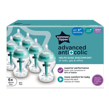 Tommee Tippee Advanced Anti-Colic Baby Bottles for 0m+, Pack of 6 260ml Baby Bottles, with Slow Flow Breast-Like Teat for a Natural Latch, Self-Sterilising and BPA Free, Baby Feeding Essentials