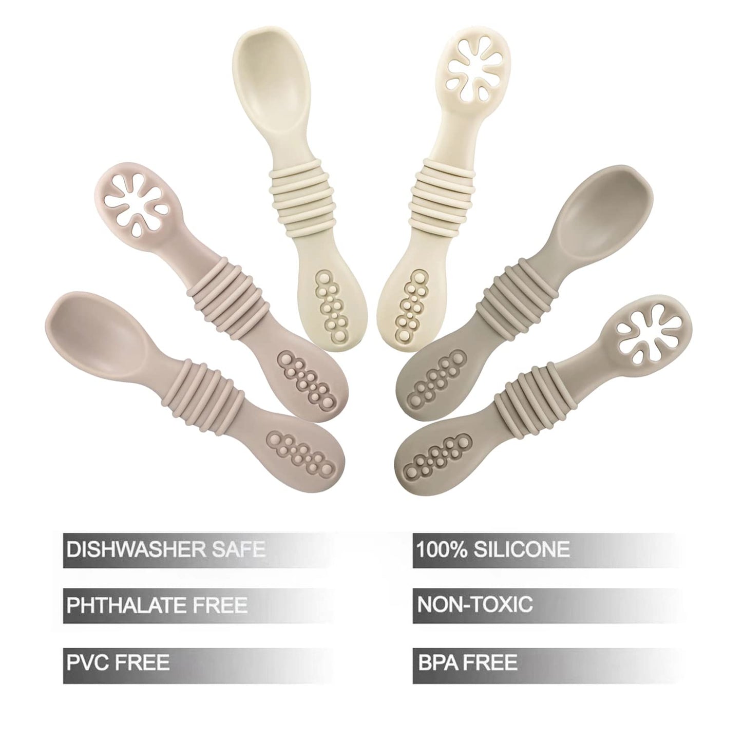 PandaEar Silicone Baby Spoons for Self Feeding 4-6 Months | 6 Pack Weaning Utensils | Toddler Feeding Spoon | BLW | BPA Free