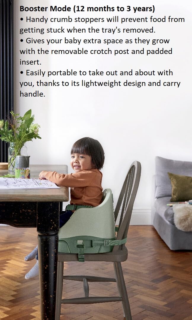 Mamas & Papas Baby Bug Booster Seat For Dining, Detachable Tray, Harness, Adjustable Seat and Non-Slip Feet, Eucalyptus