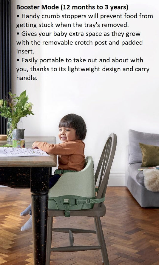 Mamas & Papas Baby Bug Booster Seat For Dining, Detachable Tray, Harness, Adjustable Seat and Non-Slip Feet, Eucalyptus