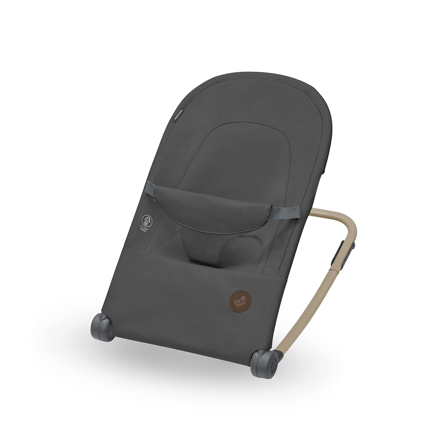 Maxi-Cosi Loa baby rocker in Beyond Graphite with compact fold, lightweight design, two recline positions, and recycled fabric.
