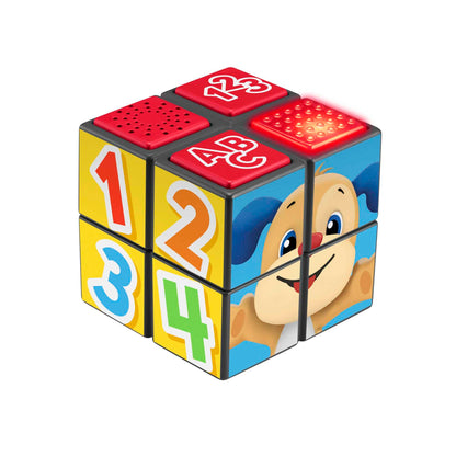 Fisher-Price Laugh & Learn Puppy activity cube with lights and music for babies 9+ months, UK English version, front view