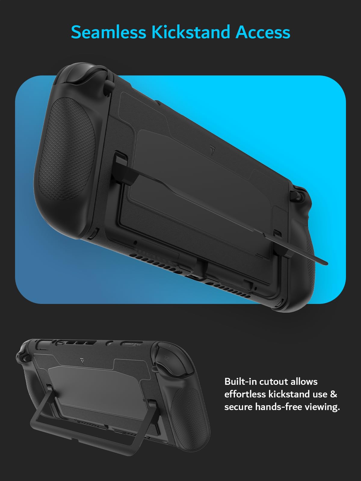 TUDIA black snap-on case for Nintendo Switch 2 with kickstand, shockproof TPU grip, scratch-resistant PC cover, dockable design.