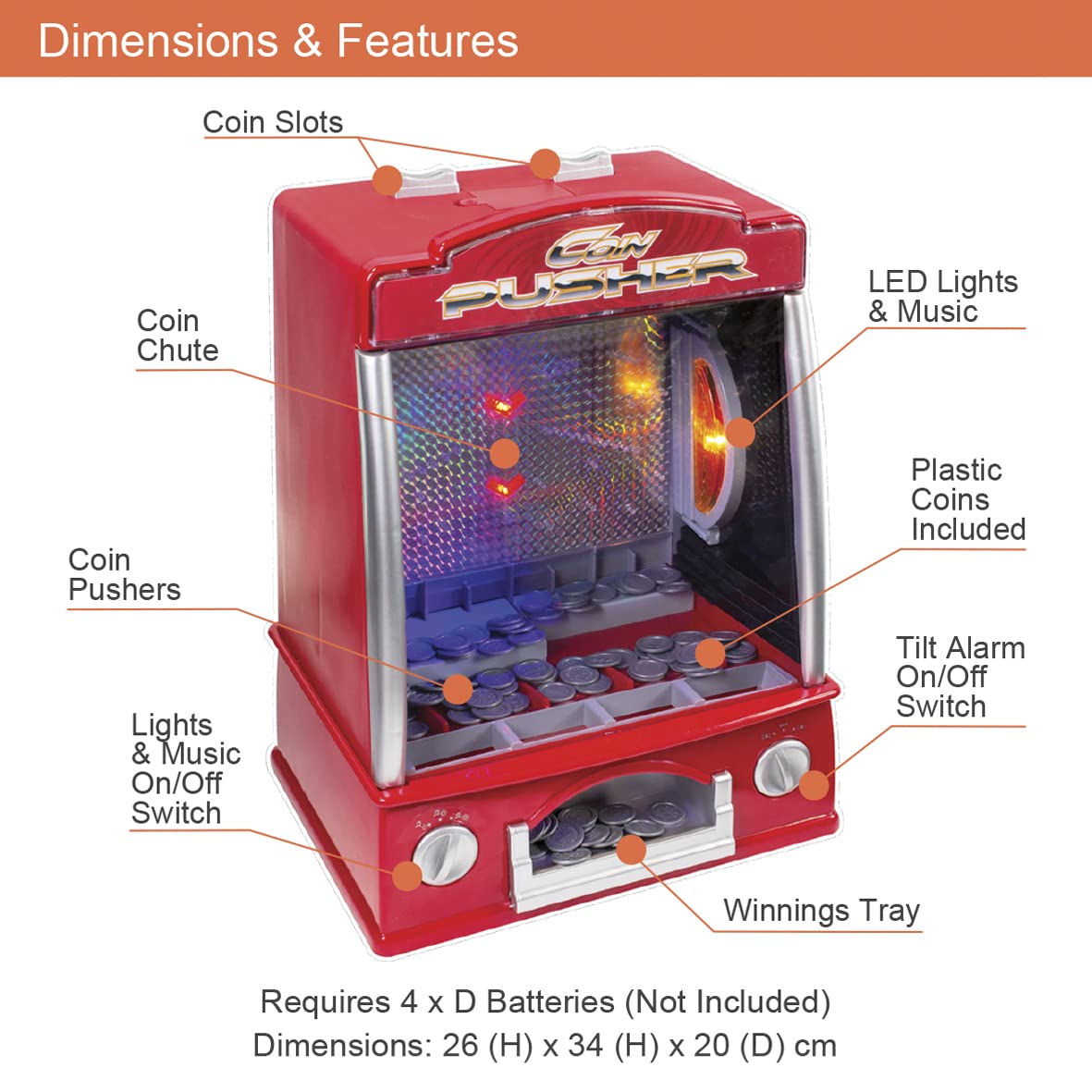 Global Gizmos Arcade Coin Pusher Game Machine Novelty, Fairground Kids, Family 50130, Red