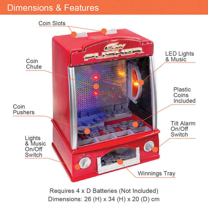 Global Gizmos Arcade Coin Pusher Game Machine Novelty, Fairground Kids, Family 50130, Red