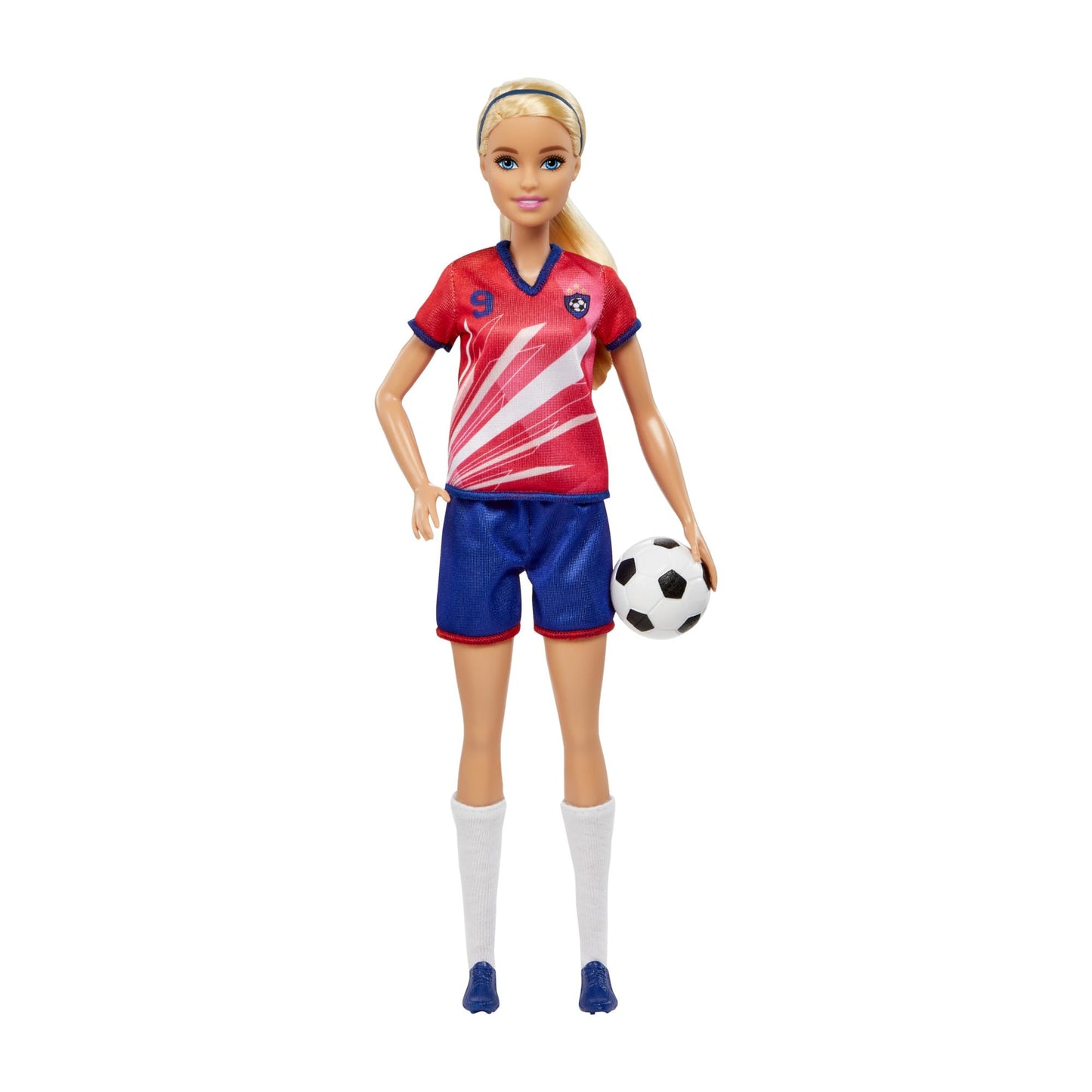 Barbie Careers soccer player doll with blonde ponytail, #9 uniform, tall socks, cleats, and soccer ball.