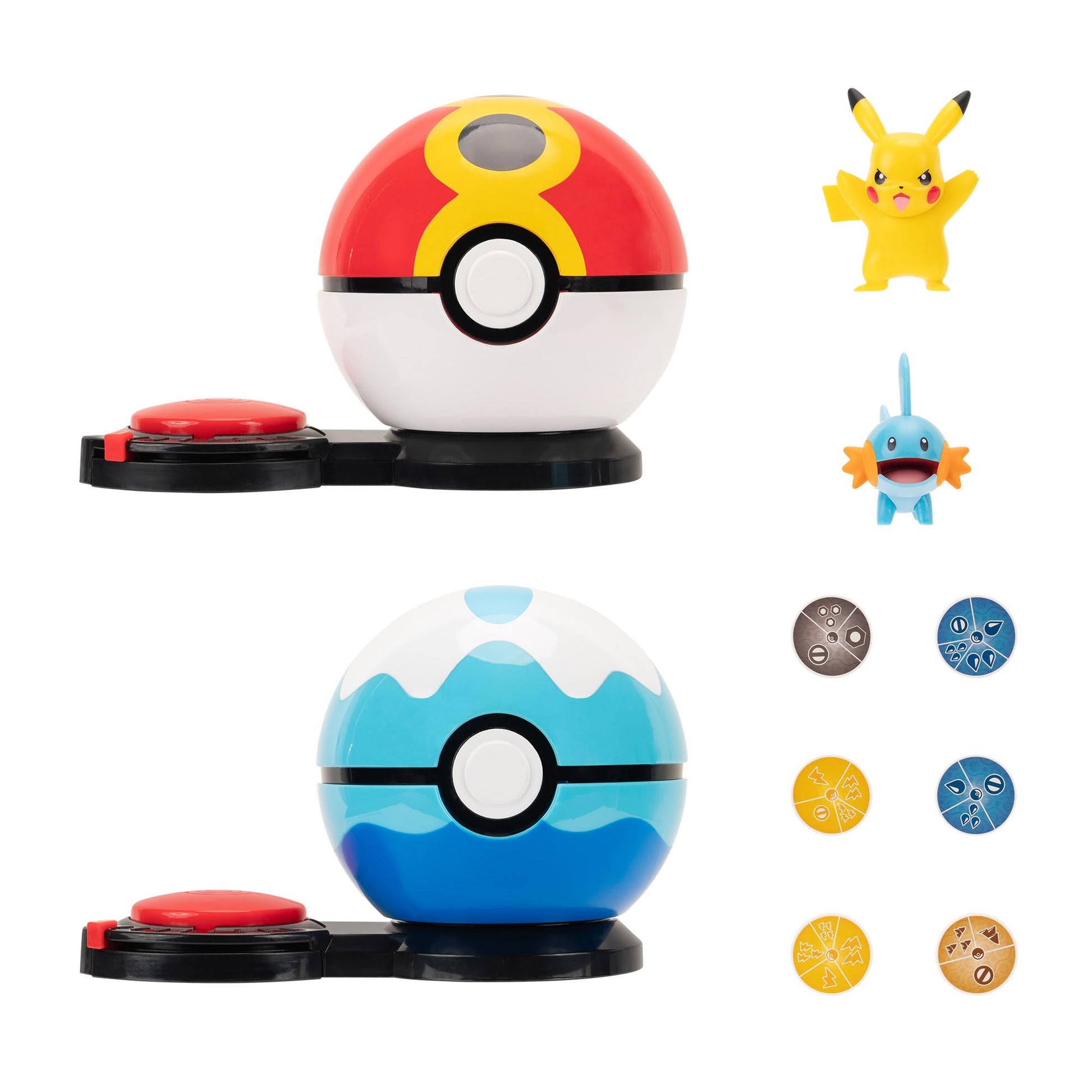 Pokémon Surprise Attack Game featuring 2-inch Pikachu and Mudkip with Repeat Ball, Dive Ball, and 6 Attack Discs.