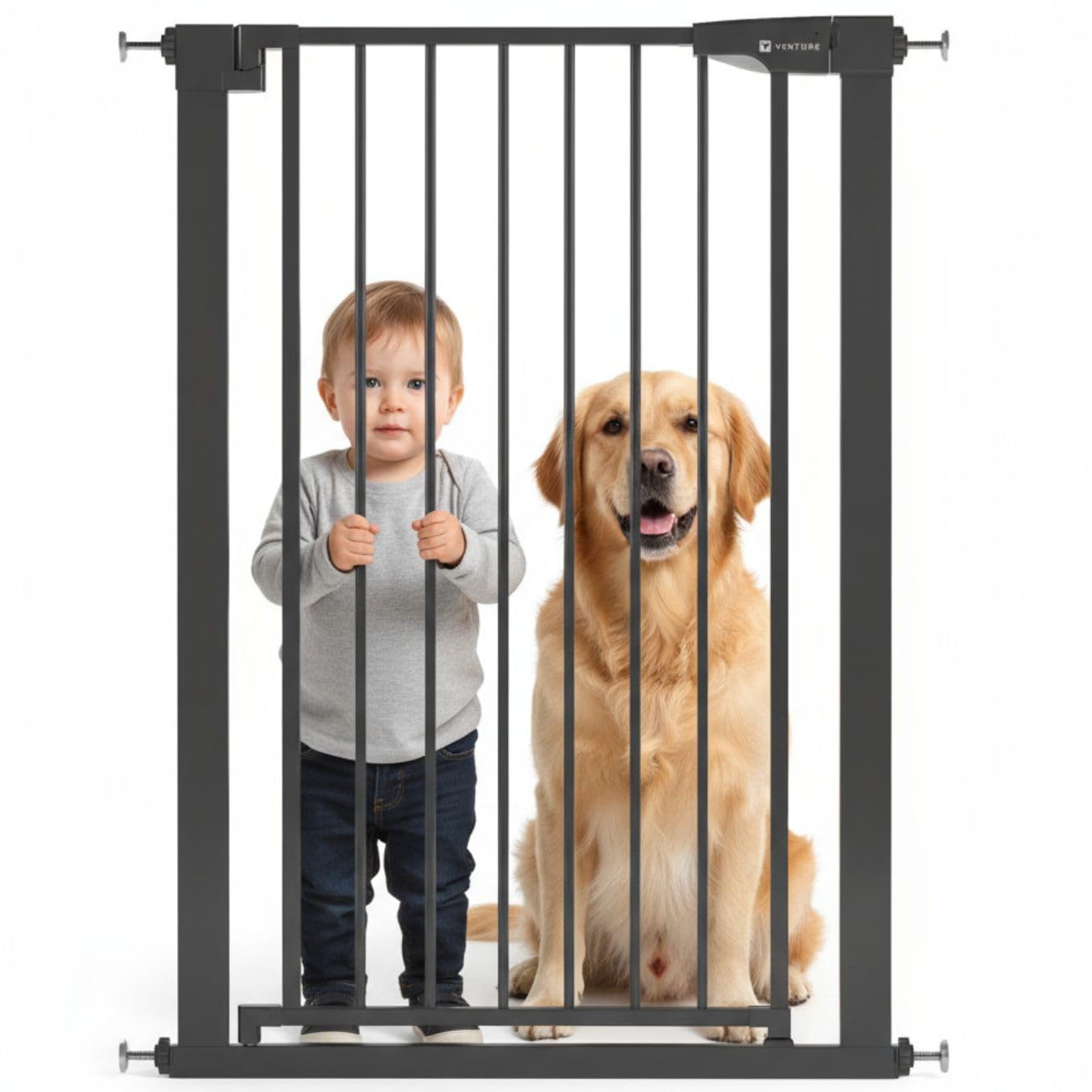 Venture Q-Fix 110cm tall baby gate for stairs and doorways, black pressure-fit gate with auto-close and two-way opening.