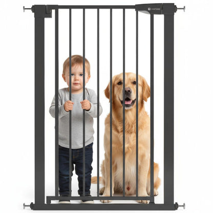 Venture Q-Fix 110cm tall baby gate for stairs and doorways, black pressure-fit gate with auto-close and two-way opening.