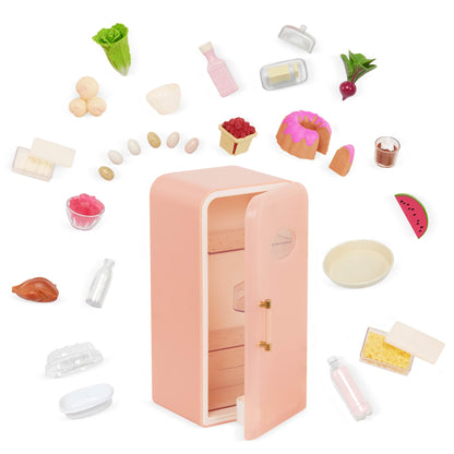Our Generation pink mini fridge with play food set, designed for 46cm fashion dolls, showcasing realistic food accessories.