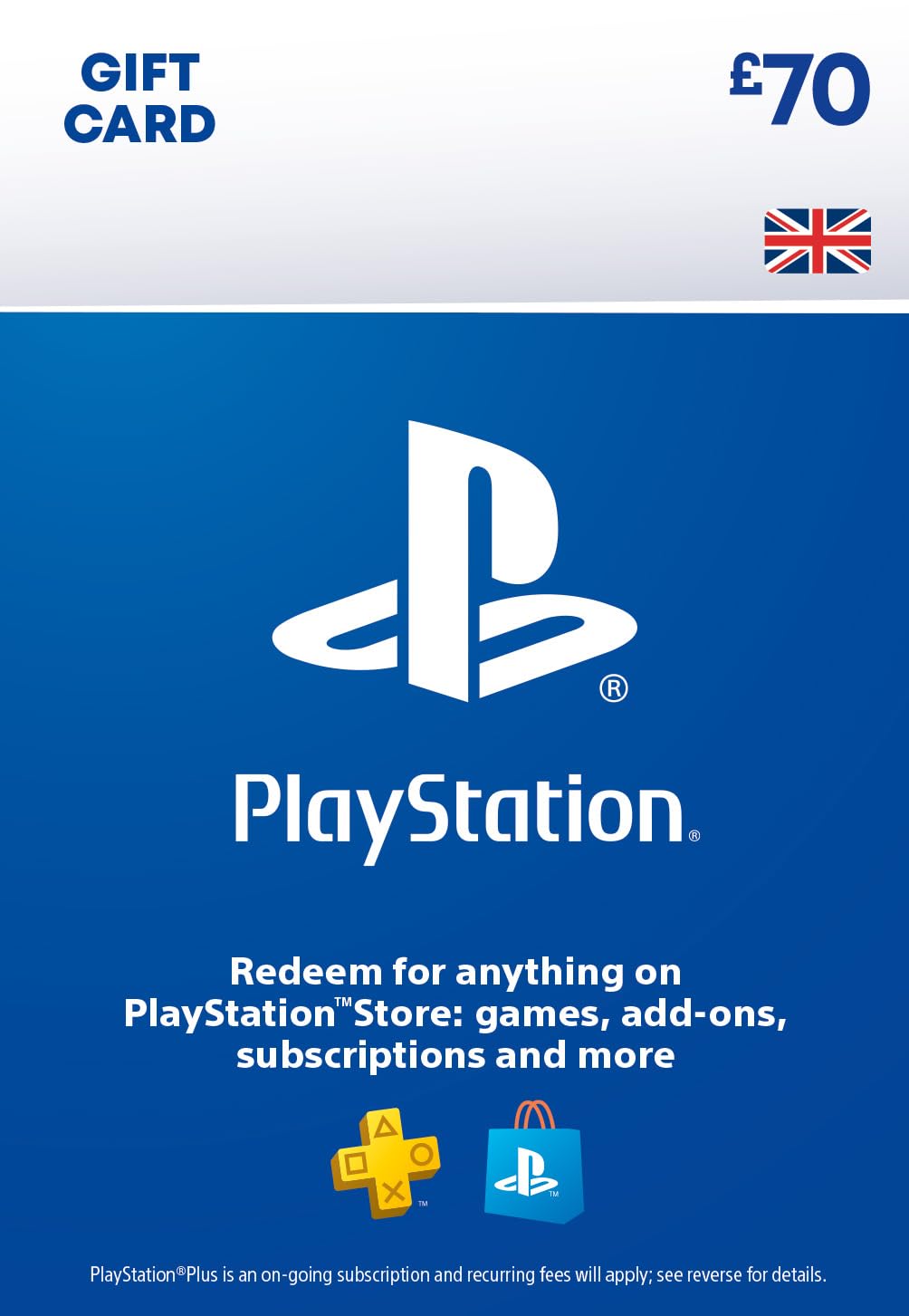PlayStation Store gift card for 70 GBP with PSN UK account, digital download code for PS5 and PS4 games.